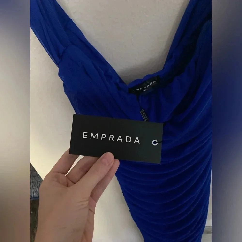 Nwt Emprada Kat Royal Blue Mesh Off Shoulder Dress Size Medium — image 5 of 8